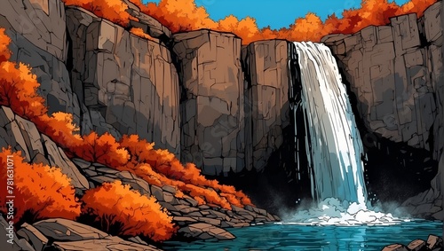 A majestic waterfall cascading down a rocky cliff, surrounded by fiery red and orange hues of Muspelheim.