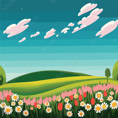 Paesaggio floreale primaverile con cielo azzurro 