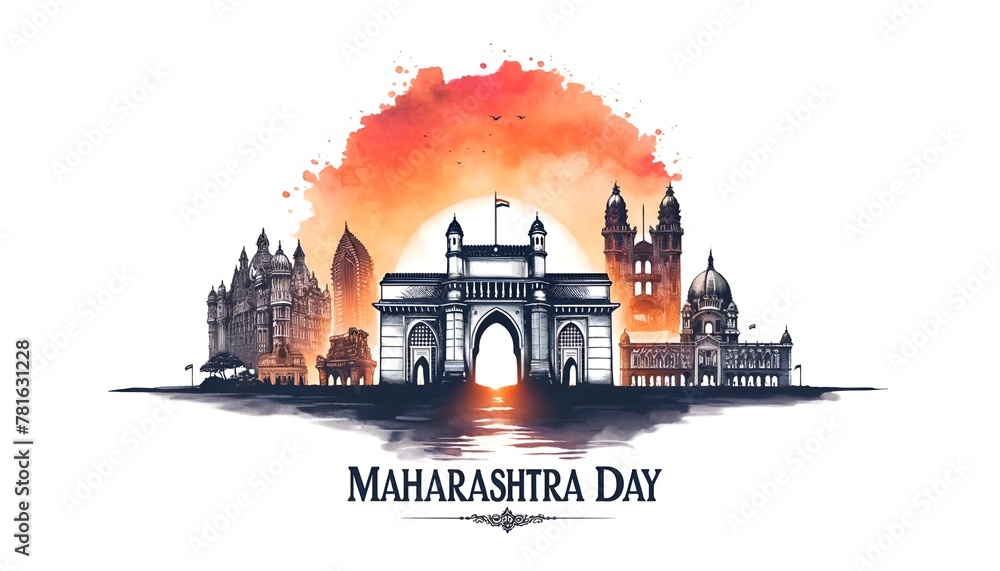 Watercolor illustration for maharashtra day with famous maharashtra monuments.
