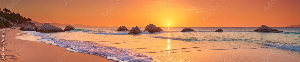 A beautiful beach scene with a sunset over the ocean. The sun is setting, casting a warm glow on the water and the sand. The beach is filled with small rocks, creating a serene atmosphere.