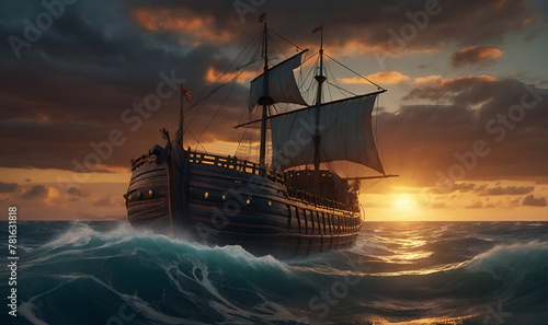 An ancient wooden ship sails the waves.