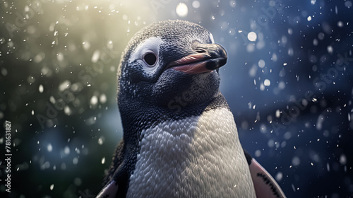A penguin with an orange beak and black and white feathers. The penguin is looking directly at the camera photo