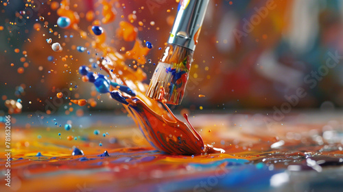 High-speed capture of a paintbrush flicking droplets of vibrant paint onto a canvas, adding energy to an artwork.