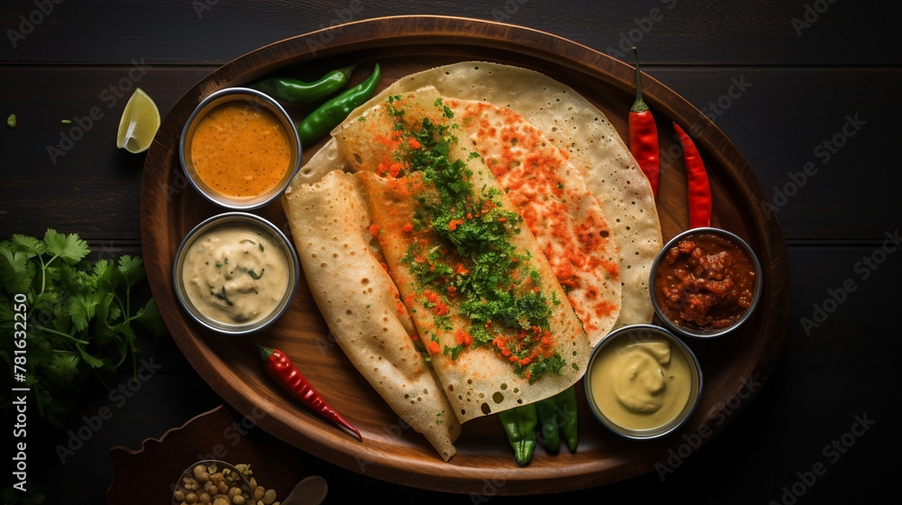 wide top view background photo, delicious masala dosa and curries on a tray, Indian traditional food recipe banner image in dark color background wide top view background photo, delicious masala dosa and curries on a tray, Indian traditional food recipe banner image in dark color background