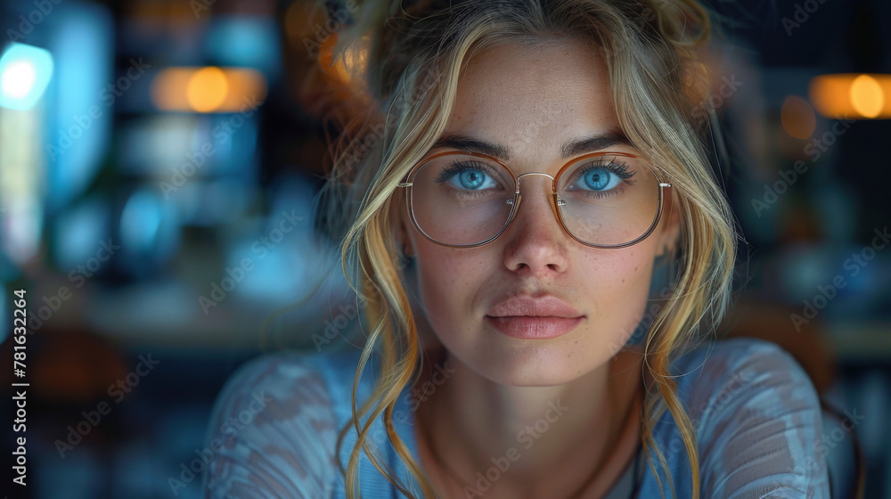 businesswoman with eyeglasses sitting at workplace with blank computer screen in office. businesswoman with eyeglasses sitting at workplace with blank computer screen in office.