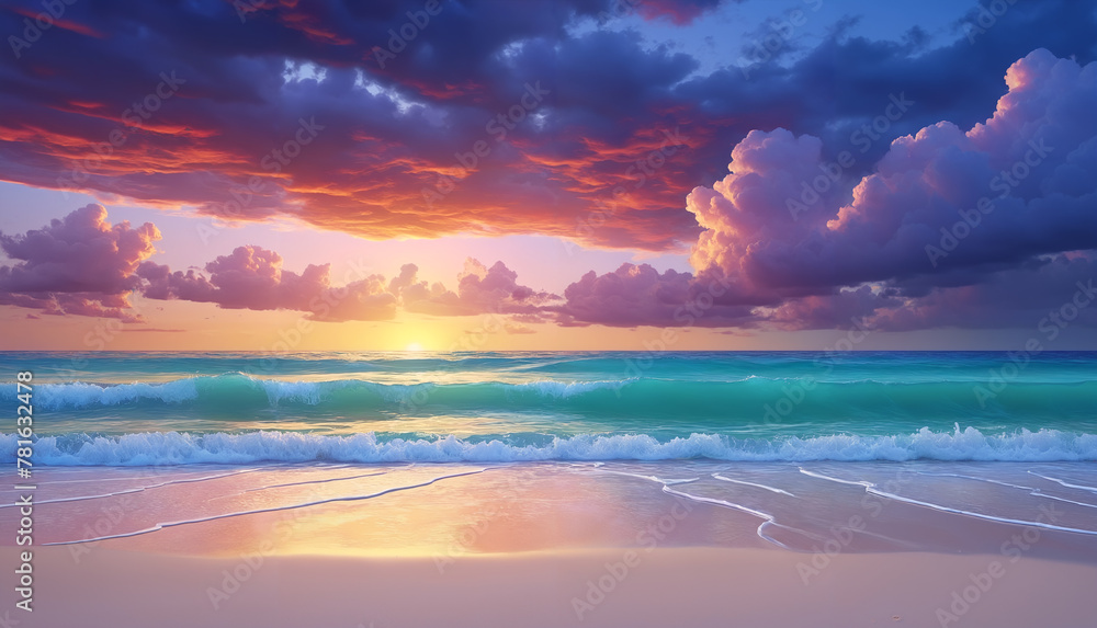 A beautiful beach scene with a sunset over the ocean.