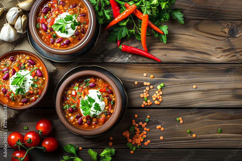 Three Bowls of Chili, Beans, and Broccoli on Black Surface Three Bowls of Chili, Beans, and Broccoli on Black Surface