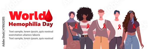 World Hemophilia Day is celebrated each year on April 17. Group of young, modern people dressed in casual clothes with red ribbons. Health awareness vector template for banner, card, poster.