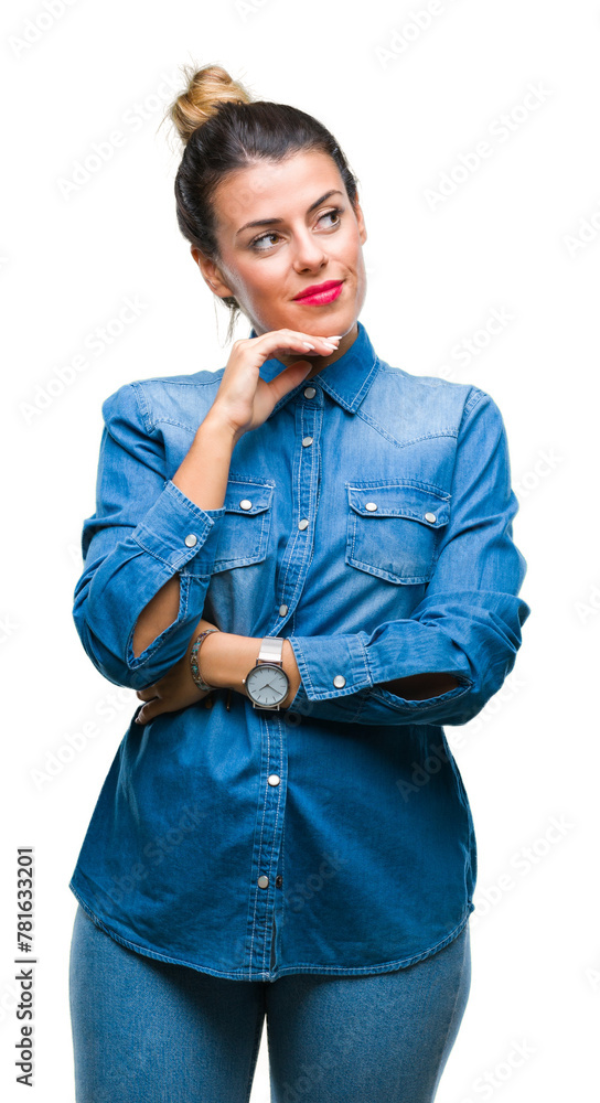 Young beautiful woman over isolated background with hand on chin thinking about question, pensive expression. Smiling with thoughtful face. Doubt concept. Young beautiful woman over isolated background with hand on chin thinking about question, pensive expression. Smiling with thoughtful face. Doubt concept.
