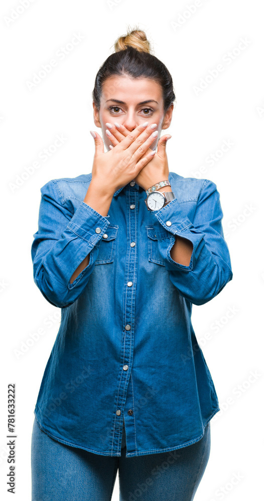 Young beautiful woman over isolated background shocked covering mouth with hands for mistake. Secret concept. Young beautiful woman over isolated background shocked covering mouth with hands for mistake. Secret concept.