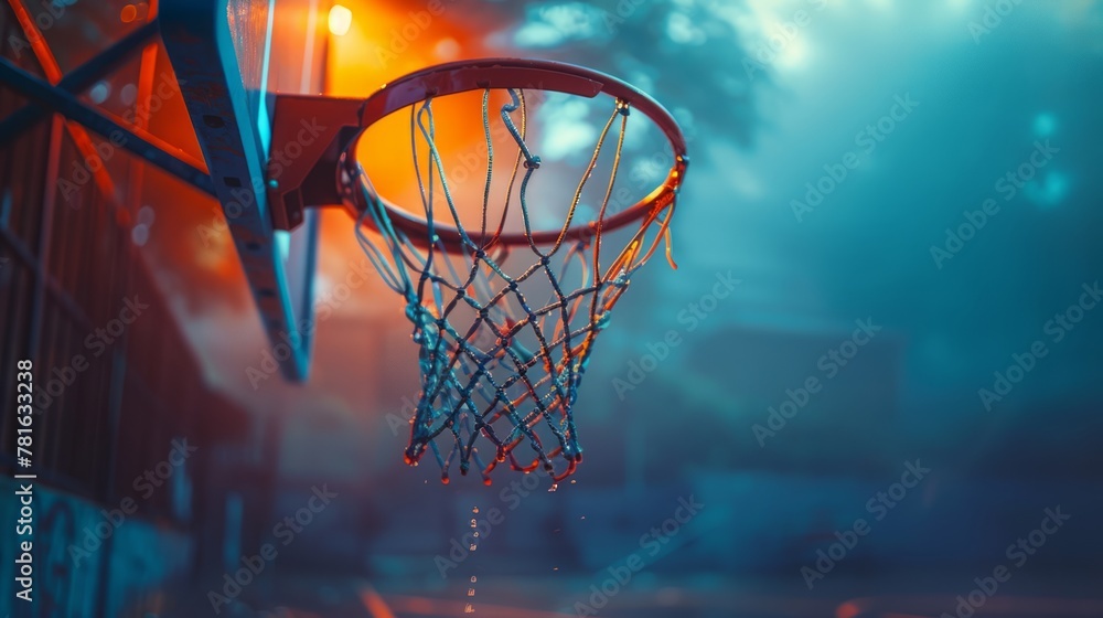 Street basketball hoop under evening lights