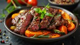 Meat strips with carrot strips. Vegetables with carrots and meat recipe.