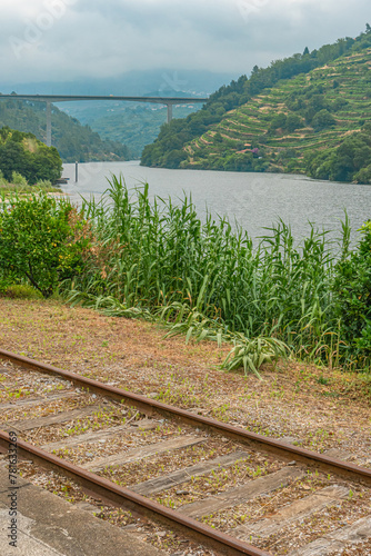 Idyllic landscape of old train line beside the Douro river.