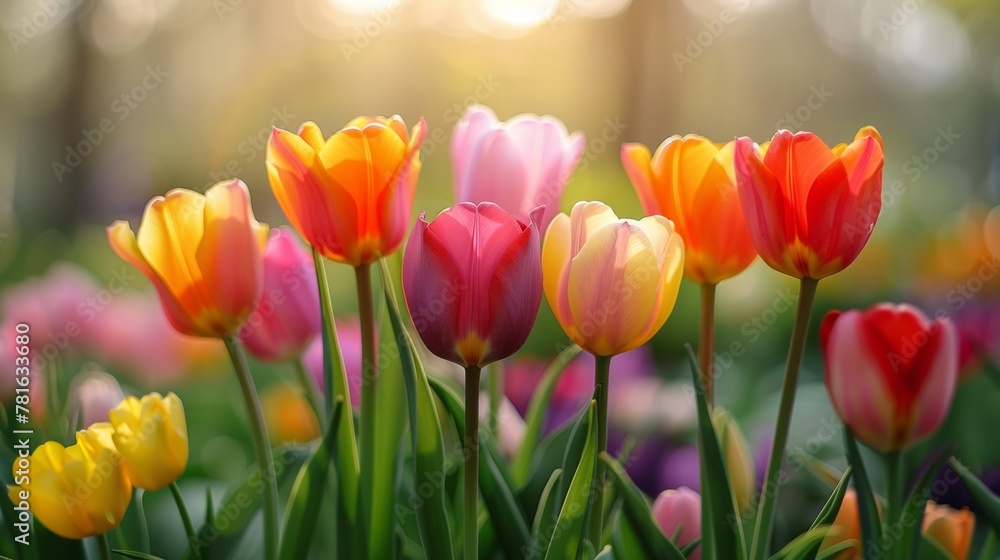 A bunch of colorful flowers are in a field with sunlight, AI A bunch of colorful flowers are in a field with sunlight, AI