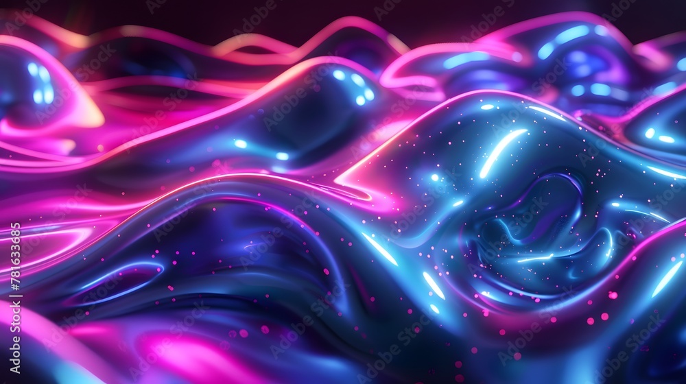 Holographic Neon Fluid Waves Dark Background, abstract background with waves - obrazy, fototapety, plakaty 