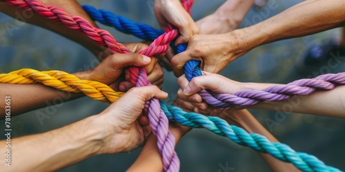 Diverse Hands Intertwine Colored Ropes, Symbolizing Strength and Unity in Collaboration, Generative AI