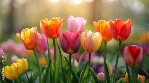 A bunch of colorful flowers are in a field with sunlight  AI