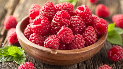 A bowl of raspberries on a wooden table with leaves, AI
