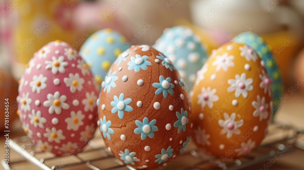 Fototapeta premium A group of easter decorated eggs are lined up on a rack, AI