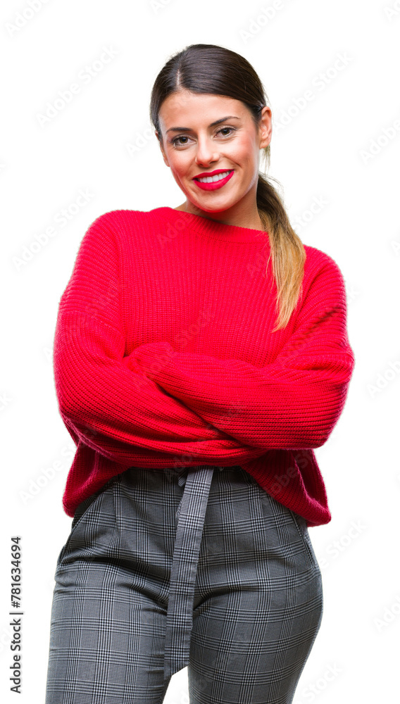 Young beautiful business woman wearing winter sweater over isolated background happy face smiling with crossed arms looking at the camera. Positive person. Young beautiful business woman wearing winter sweater over isolated background happy face smiling with crossed arms looking at the camera. Positive person.