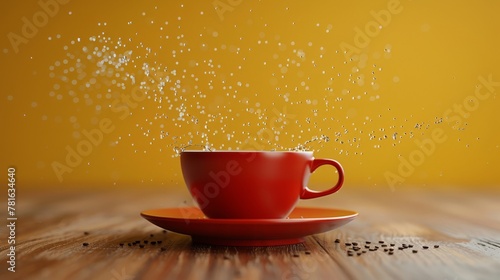 A red coffee cup and saucer fly in the air on a yellow background in this creative surreal design.