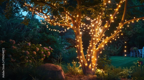 Twinkling lights dance on a tree at night  adding a touch of magic to the garden.