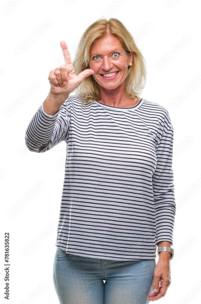 Middle age blonde woman over isolated background showing and pointing up with fingers number two while smiling confident and happy. Middle age blonde woman over isolated background showing and pointing up with fingers number two while smiling confident and happy.