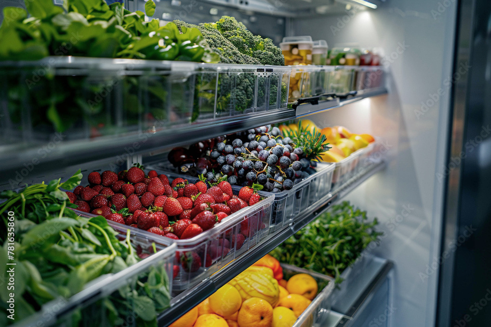 Photo of a modern refrigerator neatly filled with berries, fruits, vegetables and herbs in special containers, in a minimalist style. Food storage