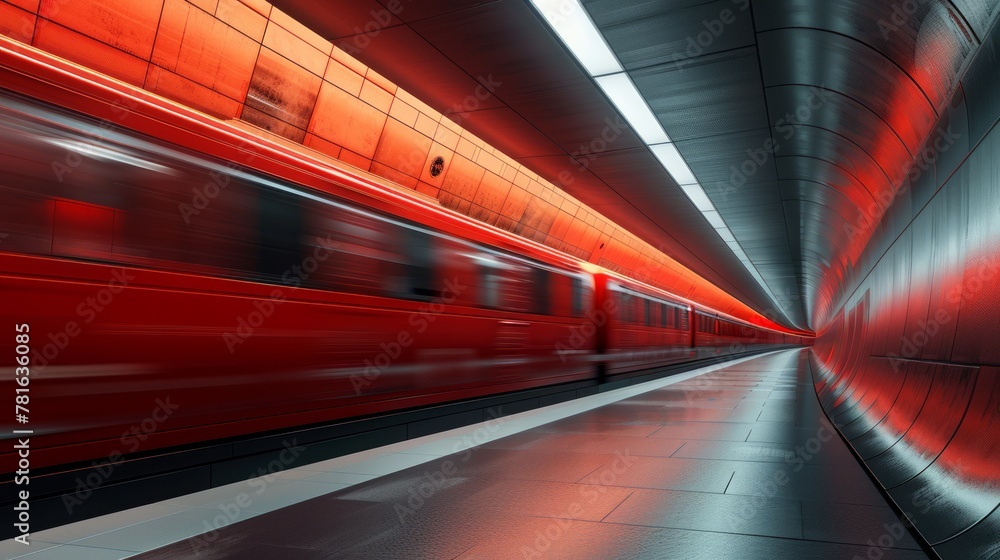 Obraz premium Blurred motion of train in red-lit modern metro station