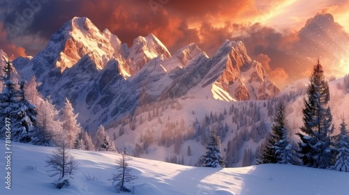 Snowy mountain range with trees © 2rogan