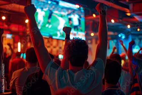 A silhouette of an elated sports fan is captured against the vibrant backdrop of a bar's televised sports event. 