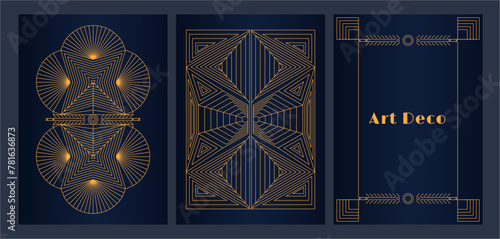 Luxury art deco cover and frame design set. Linear style geometric design template used for banners, packaging design, posters, wedding invitation, brochure cover, lux catalog in gold and blue color 