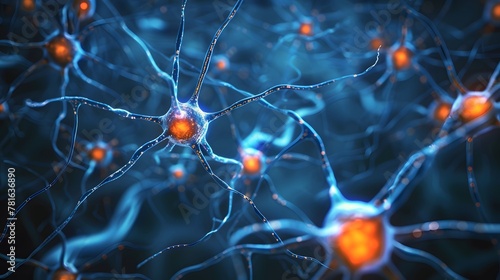 Close up active nerve cells. Human brain stimulation or activity with neurons, level of mind, intellectual achievements, possibility of people's intelligence, development of mental abilities concept photo