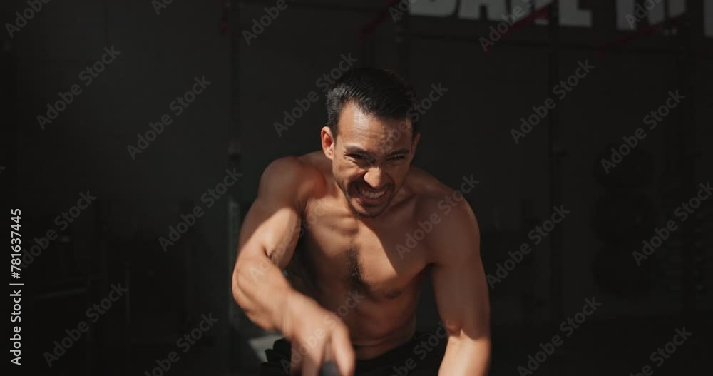 Man, battle rope and workout athlete for gym performance or muscle building with arm strength, fitness or training. Male person, equipment and fast speed with cardio wellness, sports or bodybuilder Man, battle rope and workout athlete for gym performance or muscle building with arm strength, fitness or training. Male person, equipment and fast speed with cardio wellness, sports or bodybuilder