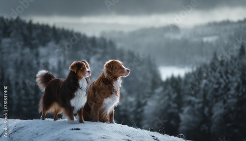 two dogs perch on a snow covered hill a nova scotia duck tolling retriever and a jack russell terrier look into the distance their poised stances and the serene woods