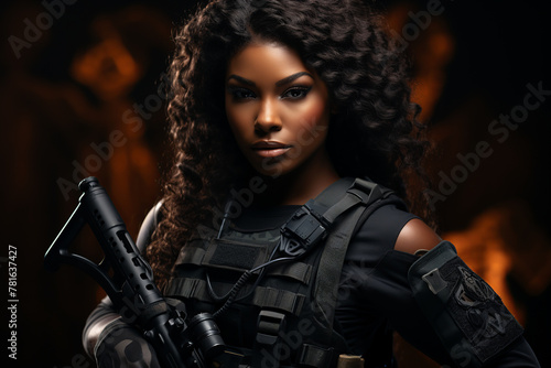 african american woman, special forces soldier, armed woman in black gear holding an assault rifle