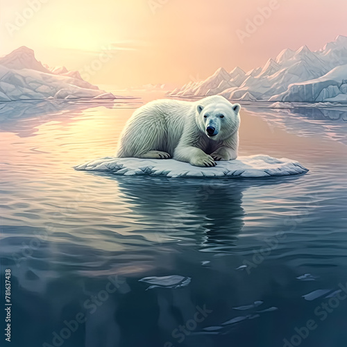 A polar bear stands on a rocky shoreline in front of a large body of water. The bear is surrounded by a painting of the ocean and the shoreline  creating a sense of depth and immersion