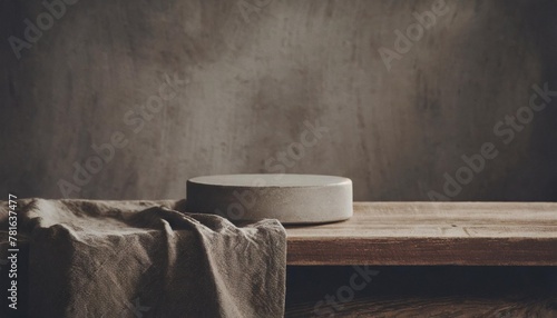 empty podium on wooden table with tablecloth over rustic wall background kitchen interior mock up for design and product display
