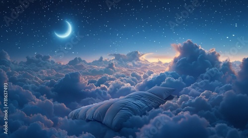Crescent moon illuminating soft clouds at twilight © muji