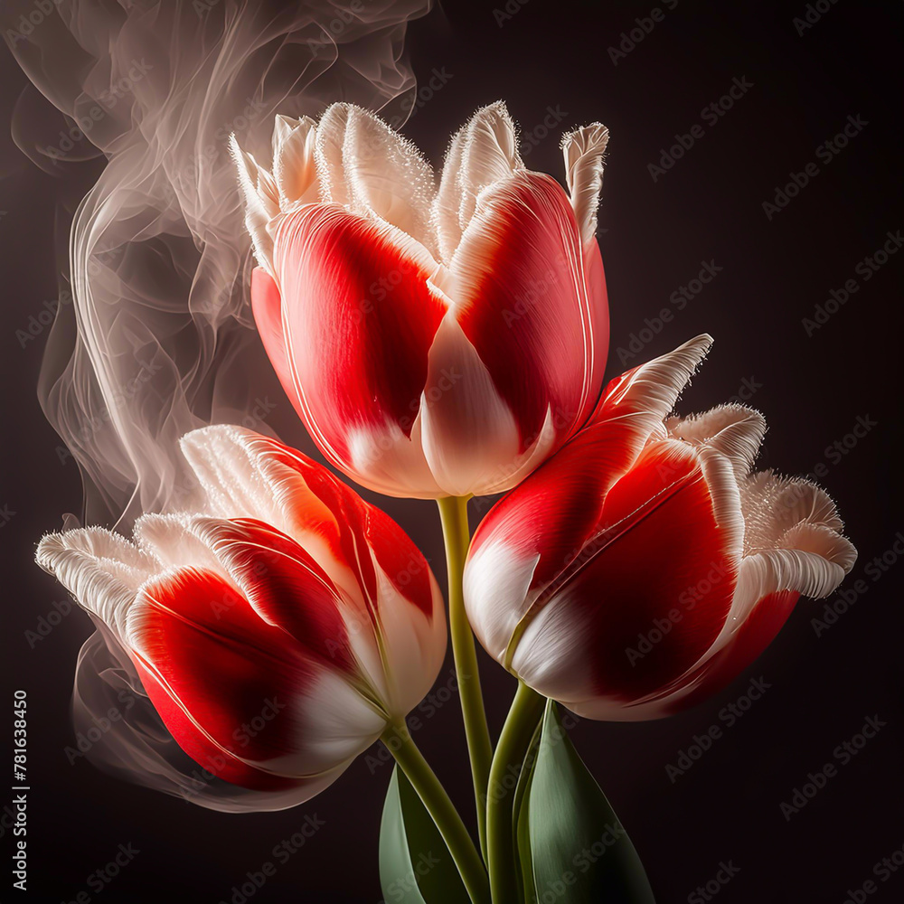Wiosenne kwiaty, czerwone tulipany. Tapeta kwiatowa ścienna, dekoracja. Bukiet kwiatów tulipanów. Abstrakcyjne kwiaty - obrazy, fototapety, plakaty 