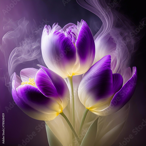 Wiosenne kwiaty, fioletowe tulipany. Tapeta kwiatowa. Dekoracja ścienna. Bukiet kwiatów tulipanów. Abstrakcyjne kwiaty #781638459