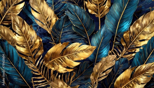 golden and black tropical leaves seamless pattern on a dark background exotic botanical design beautiful luxury dark blue textured background frame with golden and blue tropical leaves