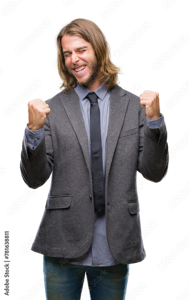 Young handsome business man with long hair over isolated background very happy and excited doing winner gesture with arms raised, smiling and screaming for success. Celebration concept. Young handsome business man with long hair over isolated background very happy and excited doing winner gesture with arms raised, smiling and screaming for success. Celebration concept.