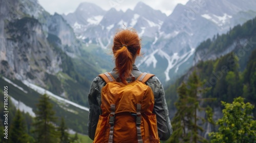 A woman with a backpack standing in front of mountains, AI