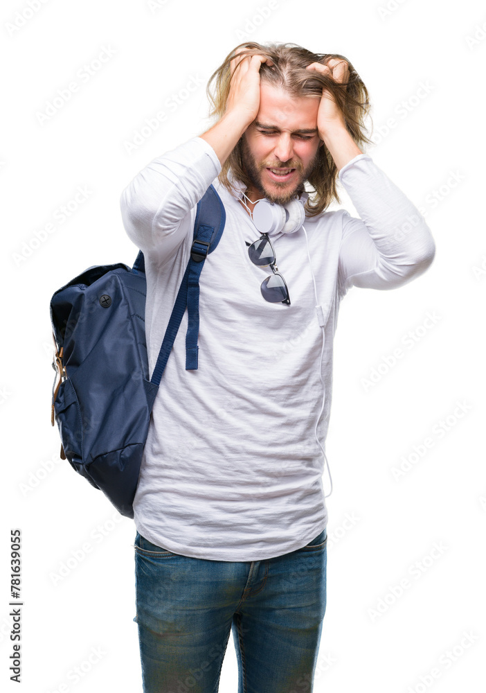 Young handsome tourist man with long hair wearing backpack over isolated background suffering from headache desperate and stressed because pain and migraine. Hands on head. Young handsome tourist man with long hair wearing backpack over isolated background suffering from headache desperate and stressed because pain and migraine. Hands on head.