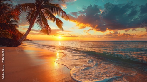 A palm tree is on the beach at sunset, AI