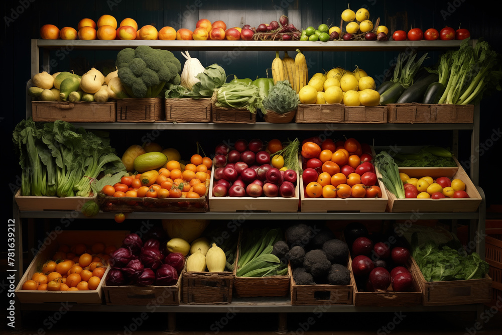 Fruit and vegetable department in a large European and American supermarket. Generative AI tools Fruit and vegetable department in a large European and American supermarket. Generative AI tools