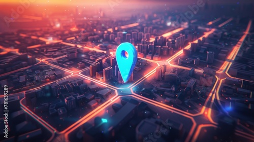 Vibrant depiction of a digital map pin over a glowing urban grid at sunset, symbolizing location tracking and navigation. photo