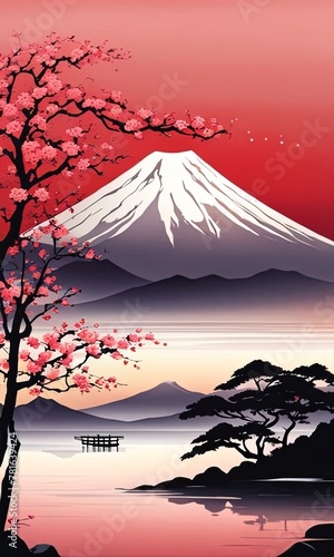 Painting of japanese Mount Fuji at sunset. For meditation apps, on covers of books about spiritual growth, in designs for yoga studios, spa salons, illustration for articles on inner peace, banner.