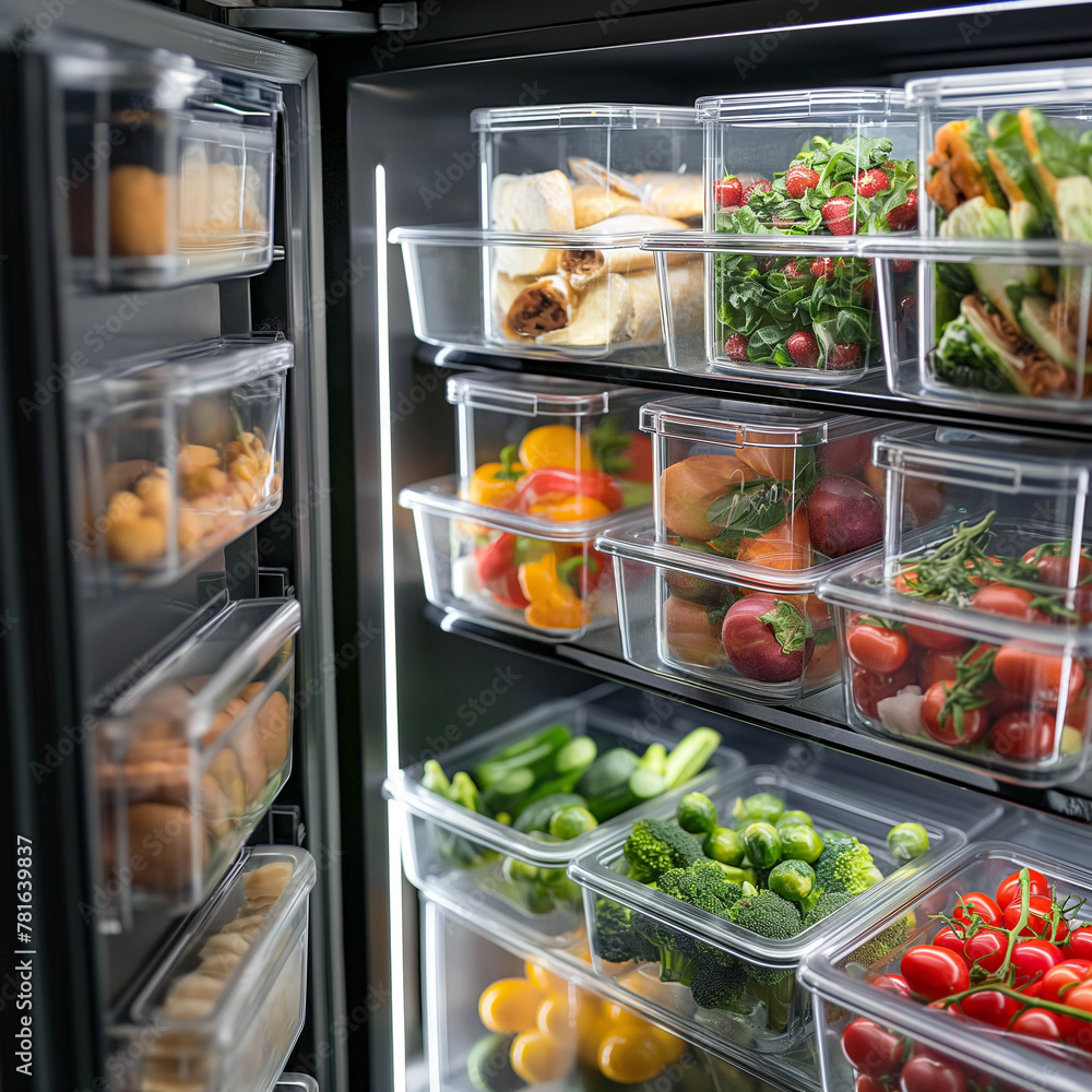photograph of a modern refrigerator full of food, in which products are neatly placed in special containers, space organization concept